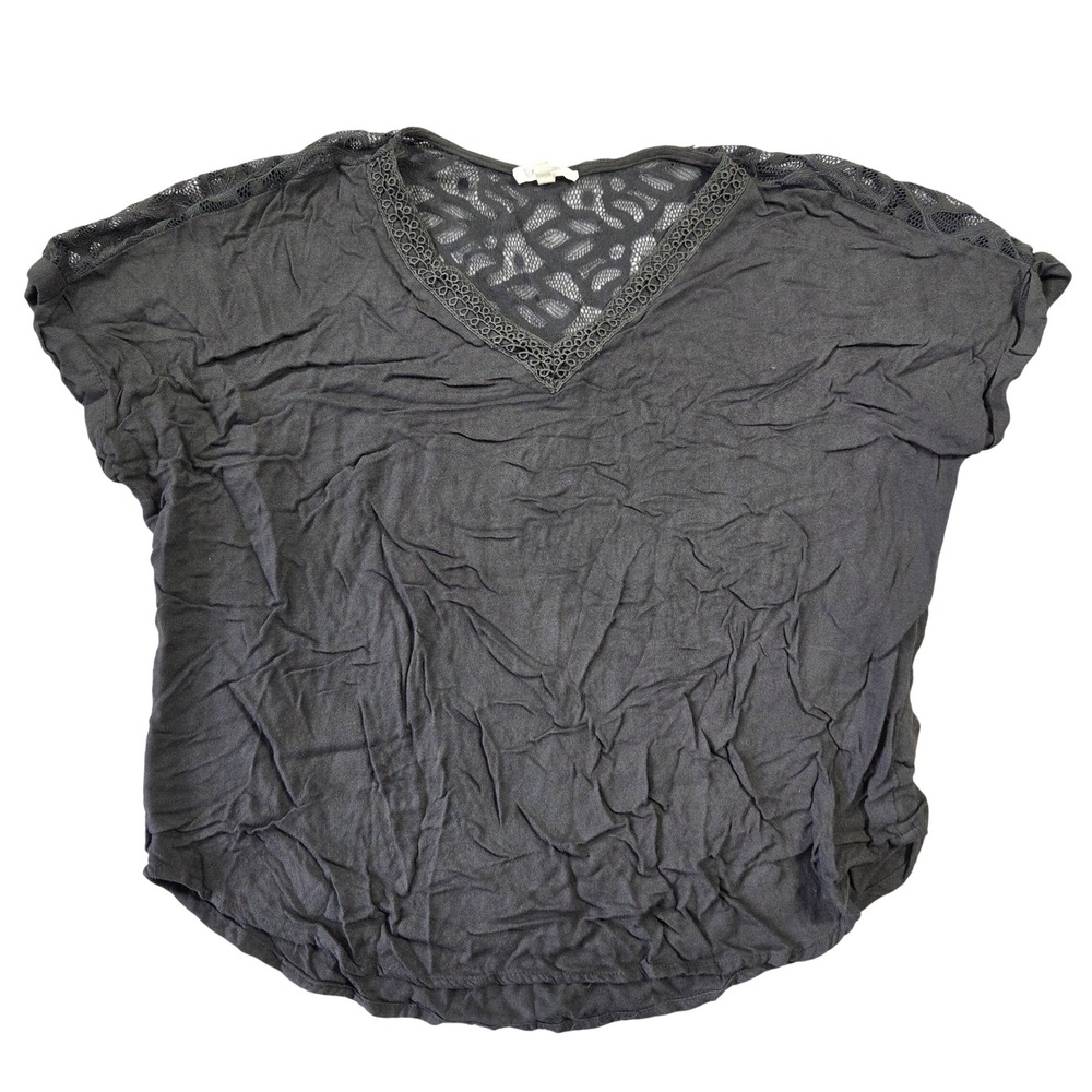 Maurices‎ Womens Black Lace Yoke V-Neck Short Sleeve Rayon Blouse Top Large